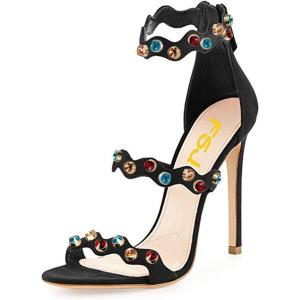 imageFSJ Women Hot Open Toe Strappy Heeled Sandals Suede Dress Shoes for Party Wedding Size 415 USBlack Gem