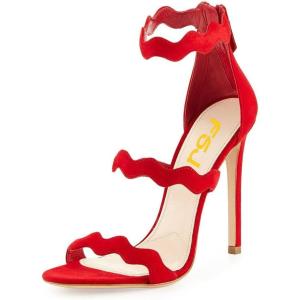imageFSJ Women Hot Open Toe Strappy Heeled Sandals Suede Dress Shoes for Party Wedding Size 415 USCrimson