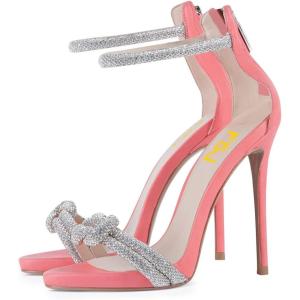 imageFSJ Women Sexy Rhinestone Ankle Straps Heeled Sandals Open Toe Stiletto High Heel Shiny Back Zipper Bridal Party Dress Shoes Size 415 USSalmon