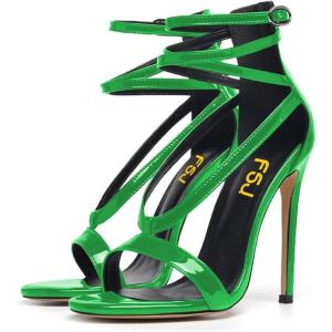 imageFSJ Women Sexy Strappy Sandals for Women Open Toe Metallic High Heels Pumps Wedding Party Shoes 415 USGreen