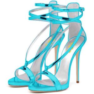 imageFSJ Women Sexy Strappy Sandals for Women Open Toe Metallic High Heels Pumps Wedding Party Shoes 415 USLightblue