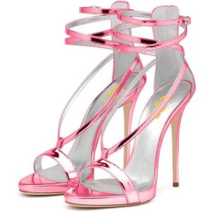 imageFSJ Women Sexy Strappy Sandals for Women Open Toe Metallic High Heels Pumps Wedding Party Shoes 415 USPink