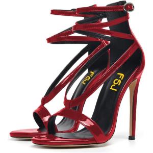 imageFSJ Women Sexy Strappy Sandals for Women Open Toe Metallic High Heels Pumps Wedding Party Shoes 415 USRed