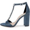 imageFSJ Women Wedding T Strap Open Toe Sandals Rhinestones Crystal Studded Chunky High Heel Buckled Shoes Size 415 USDark Blue