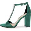 imageFSJ Women Wedding T Strap Open Toe Sandals Rhinestones Crystal Studded Chunky High Heel Buckled Shoes Size 415 USDark Green