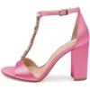 imageFSJ Women Wedding T Strap Open Toe Sandals Rhinestones Crystal Studded Chunky High Heel Buckled Shoes Size 415 USHot Pink