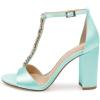 imageFSJ Women Wedding T Strap Open Toe Sandals Rhinestones Crystal Studded Chunky High Heel Buckled Shoes Size 415 USLight Cyan