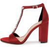 imageFSJ Women Wedding T Strap Open Toe Sandals Rhinestones Crystal Studded Chunky High Heel Buckled Shoes Size 415 USRed