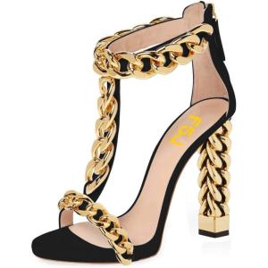 imageFSJ Women Sexy TStrap Gold Metal Chain Chunky High Heel Sandal Open Toe Ankle Strap Pump Back Zipper Bridal Wedding Party Shoes Size 415 USBlackchain