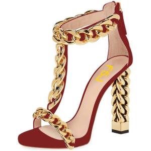 imageFSJ Women Sexy TStrap Gold Metal Chain Chunky High Heel Sandal Open Toe Ankle Strap Pump Back Zipper Bridal Wedding Party Shoes Size 415 USDarkredchain