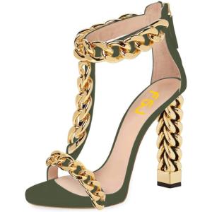 imageFSJ Women Sexy TStrap Gold Metal Chain Chunky High Heel Sandal Open Toe Ankle Strap Pump Back Zipper Bridal Wedding Party Shoes Size 415 USGreenchain