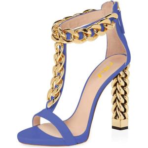 imageFSJ Women Sexy TStrap Gold Metal Chain Chunky High Heel Sandal Open Toe Ankle Strap Pump Back Zipper Bridal Wedding Party Shoes Size 415 USNavy Blue