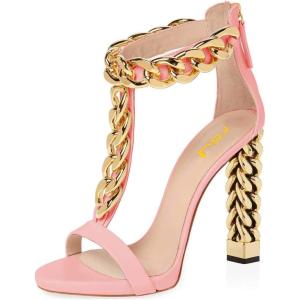 imageFSJ Women Sexy TStrap Gold Metal Chain Chunky High Heel Sandal Open Toe Ankle Strap Pump Back Zipper Bridal Wedding Party Shoes Size 415 USPink