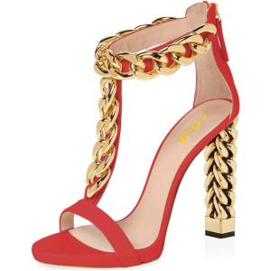 imageFSJ Women Sexy TStrap Gold Metal Chain Chunky High Heel Sandal Open Toe Ankle Strap Pump Back Zipper Bridal Wedding Party Shoes Size 415 USRed