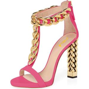 imageFSJ Women Sexy TStrap Gold Metal Chain Chunky High Heel Sandal Open Toe Ankle Strap Pump Back Zipper Bridal Wedding Party Shoes Size 415 USRose