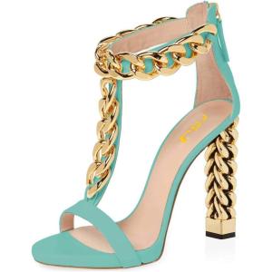 imageFSJ Women Sexy TStrap Gold Metal Chain Chunky High Heel Sandal Open Toe Ankle Strap Pump Back Zipper Bridal Wedding Party Shoes Size 415 USTurquoise