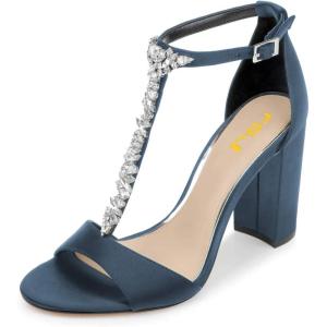 imageFSJ Women Wedding T Strap Open Toe Sandals Rhinestones Crystal Studded Chunky High Heel Buckled Shoes Size 415 USDark Blue