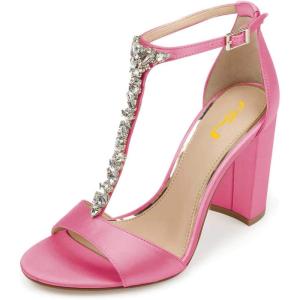 imageFSJ Women Wedding T Strap Open Toe Sandals Rhinestones Crystal Studded Chunky High Heel Buckled Shoes Size 415 USHot Pink