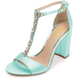 imageFSJ Women Wedding T Strap Open Toe Sandals Rhinestones Crystal Studded Chunky High Heel Buckled Shoes Size 415 USLight Cyan