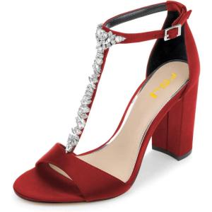 imageFSJ Women Wedding T Strap Open Toe Sandals Rhinestones Crystal Studded Chunky High Heel Buckled Shoes Size 415 USRed