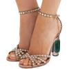 imageFSJ Women Fashion Open Almond Toe Ankle Strap Sandals Chunky High Heel Crystal Rhinestone Pumps Wedding Party Evening ShoesNude