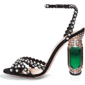 imageFSJ Women Fashion Open Almond Toe Ankle Strap Sandals Chunky High Heel Crystal Rhinestone Pumps Wedding Party Evening ShoesBlack