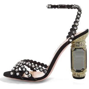 imageFSJ Women Fashion Open Almond Toe Ankle Strap Sandals Chunky High Heel Crystal Rhinestone Pumps Wedding Party Evening ShoesBlack Heeled