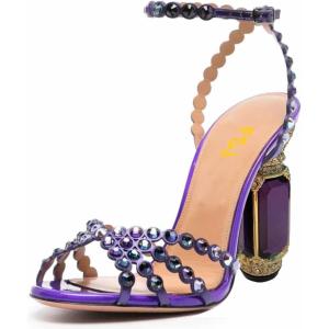 imageFSJ Women Fashion Open Almond Toe Ankle Strap Sandals Chunky High Heel Crystal Rhinestone Pumps Wedding Party Evening ShoesDeep Purple