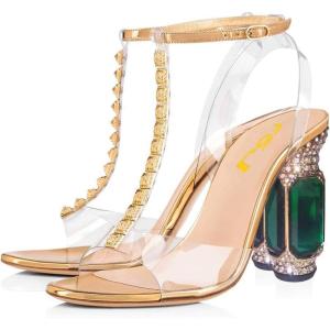 imageFSJ Women Fashion Open Almond Toe Ankle Strap Sandals Chunky High Heel Crystal Rhinestone Pumps Wedding Party Evening ShoesGold