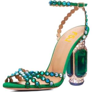 imageFSJ Women Fashion Open Almond Toe Ankle Strap Sandals Chunky High Heel Crystal Rhinestone Pumps Wedding Party Evening ShoesGreen