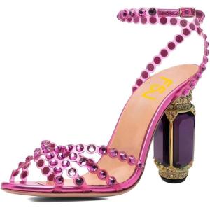 imageFSJ Women Fashion Open Almond Toe Ankle Strap Sandals Chunky High Heel Crystal Rhinestone Pumps Wedding Party Evening ShoesLight Violet