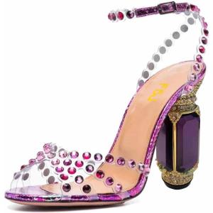 imageFSJ Women Fashion Open Almond Toe Ankle Strap Sandals Chunky High Heel Crystal Rhinestone Pumps Wedding Party Evening ShoesPurple