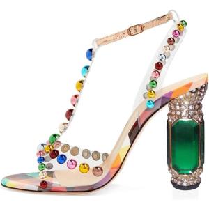 imageFSJ Women Fashion Open Almond Toe Ankle Strap Sandals Chunky High Heel Crystal Rhinestone Pumps Wedding Party Evening ShoesRainbow