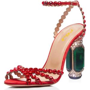 imageFSJ Women Fashion Open Almond Toe Ankle Strap Sandals Chunky High Heel Crystal Rhinestone Pumps Wedding Party Evening ShoesRed