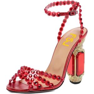 imageFSJ Women Fashion Open Almond Toe Ankle Strap Sandals Chunky High Heel Crystal Rhinestone Pumps Wedding Party Evening ShoesRed Clear