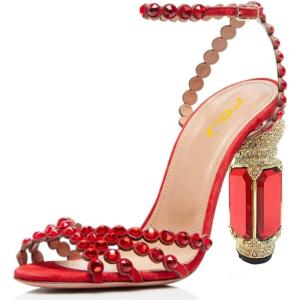 imageFSJ Women Fashion Open Almond Toe Ankle Strap Sandals Chunky High Heel Crystal Rhinestone Pumps Wedding Party Evening ShoesRed Heeled