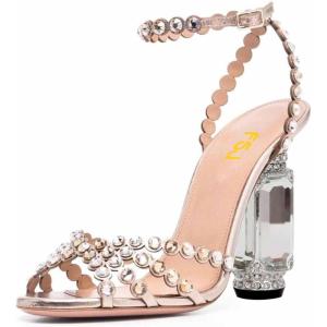 imageFSJ Women Fashion Open Almond Toe Ankle Strap Sandals Chunky High Heel Crystal Rhinestone Pumps Wedding Party Evening ShoesRose Gold
