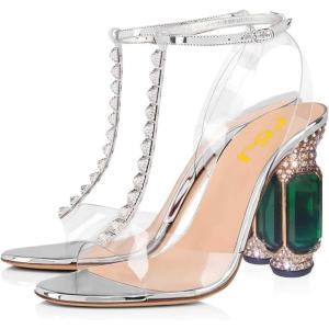 imageFSJ Women Fashion Open Almond Toe Ankle Strap Sandals Chunky High Heel Crystal Rhinestone Pumps Wedding Party Evening ShoesSilvertransparent