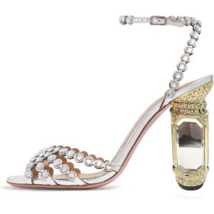 imageFSJ Women Fashion Open Almond Toe Ankle Strap Sandals Chunky High Heel Crystal Rhinestone Pumps Wedding Party Evening ShoesTransparent Heeled