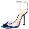 imageFSJ Women Crystal Chain Ankle Straps Heeled Sandals Square Open Toe Rhinestones Buckle Sexy Strappy Stiletto Evening Party Dress Shoes Size 415 USDark Blue Satin Clear