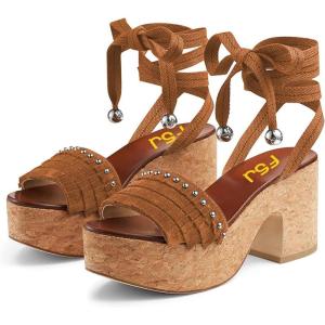 imageFSJ Women Comfortable High Platform Open Almond Toe Sandals Ankle Wrap Self Tie Chunky Mid Heel Pumps Date Travel ShoesBrown