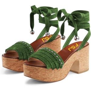imageFSJ Women Comfortable High Platform Open Almond Toe Sandals Ankle Wrap Self Tie Chunky Mid Heel Pumps Date Travel ShoesGreen