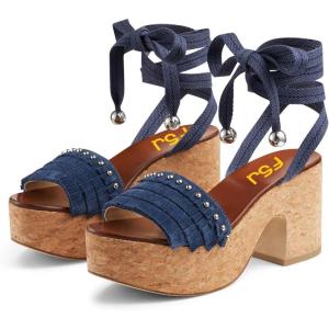 imageFSJ Women Comfortable High Platform Open Almond Toe Sandals Ankle Wrap Self Tie Chunky Mid Heel Pumps Date Travel ShoesNavy