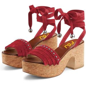 imageFSJ Women Comfortable High Platform Open Almond Toe Sandals Ankle Wrap Self Tie Chunky Mid Heel Pumps Date Travel ShoesRed