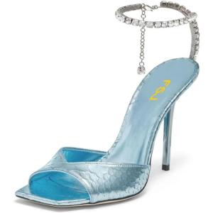 imageFSJ Women Crystal Chain Ankle Straps Heeled Sandals Square Open Toe Rhinestones Buckle Sexy Strappy Stiletto Evening Party Dress Shoes Size 415 USBlue