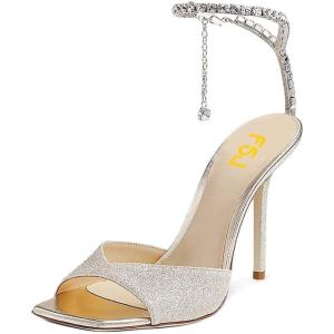imageFSJ Women Crystal Chain Ankle Straps Heeled Sandals Square Open Toe Rhinestones Buckle Sexy Strappy Stiletto Evening Party Dress Shoes Size 415 USChampagne