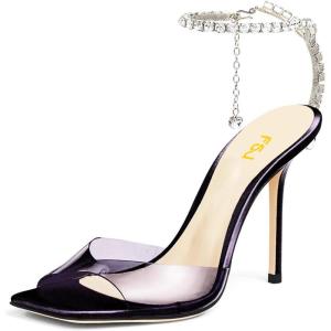 imageFSJ Women Crystal Chain Ankle Straps Heeled Sandals Square Open Toe Rhinestones Buckle Sexy Strappy Stiletto Evening Party Dress Shoes Size 415 USDark Violet Satin Clear