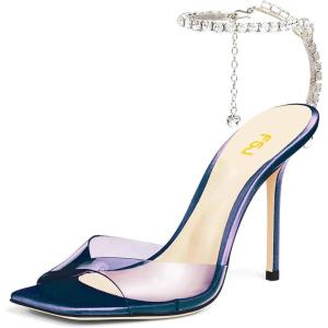 imageFSJ Women Crystal Chain Ankle Straps Heeled Sandals Square Open Toe Rhinestones Buckle Sexy Strappy Stiletto Evening Party Dress Shoes Size 415 USDark Blue Satin Clear