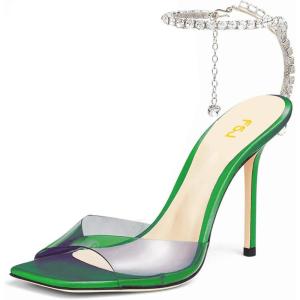 imageFSJ Women Crystal Chain Ankle Straps Heeled Sandals Square Open Toe Rhinestones Buckle Sexy Strappy Stiletto Evening Party Dress Shoes Size 415 USGreen Satin Clear
