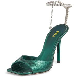 imageFSJ Women Crystal Chain Ankle Straps Heeled Sandals Square Open Toe Rhinestones Buckle Sexy Strappy Stiletto Evening Party Dress Shoes Size 415 USGreen